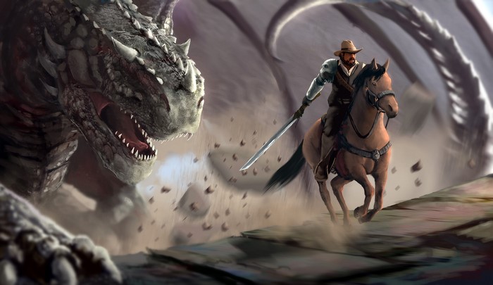 Cowboy on Horseback Fights a Dragon