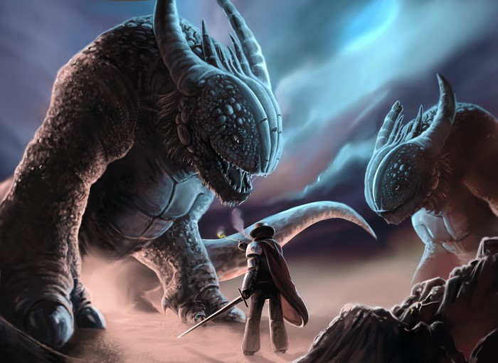 Cowboy facing two monsters with horns