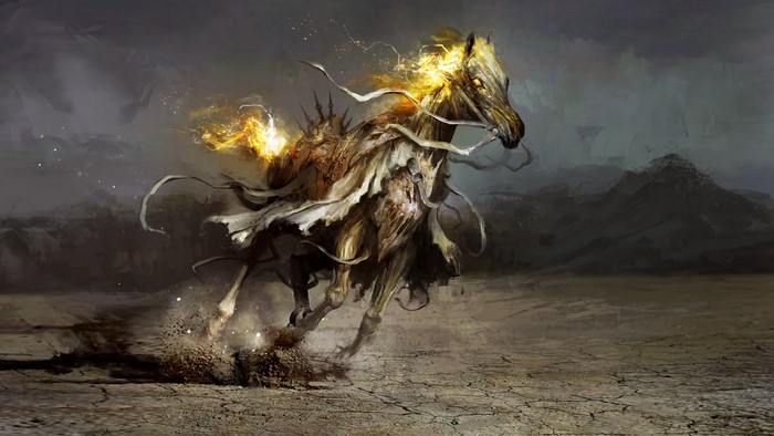 Ghostly horse with fiery mane running through a barren landscape