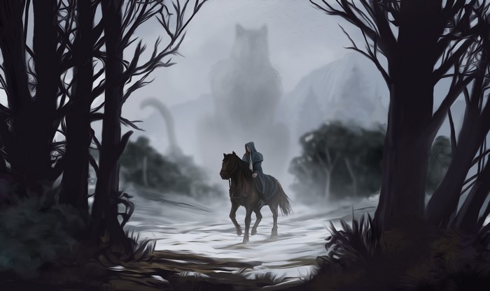 A hooded figure on horseback in a foggy forest with a giant creature behind