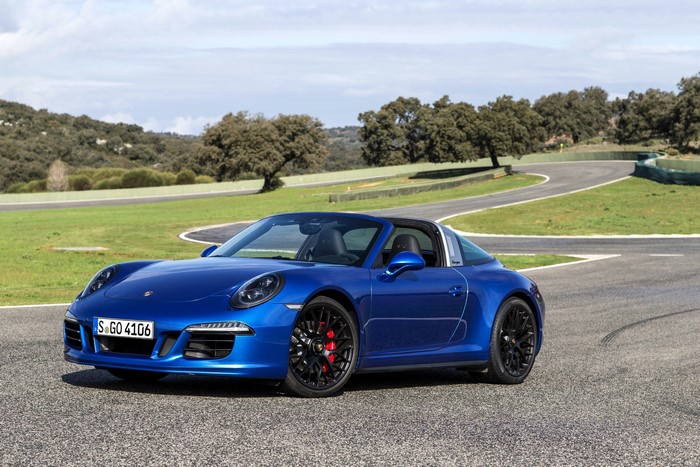 Blue 2015 Porsche 911 Targa 4 GTS on a Racetrack