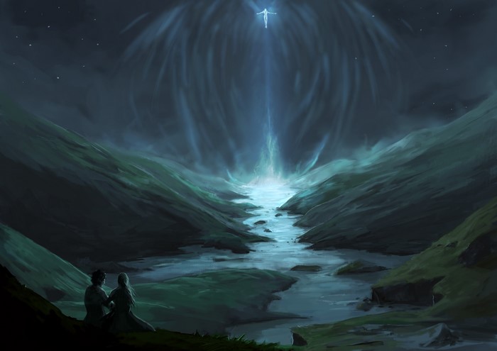 Fantastic world with a river and two people