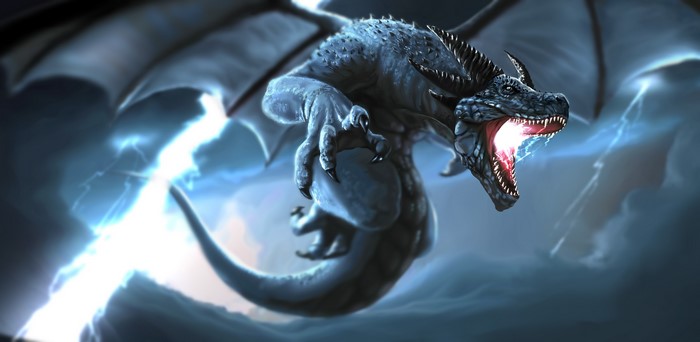 A fearsome dragon breathes fire amidst lightning