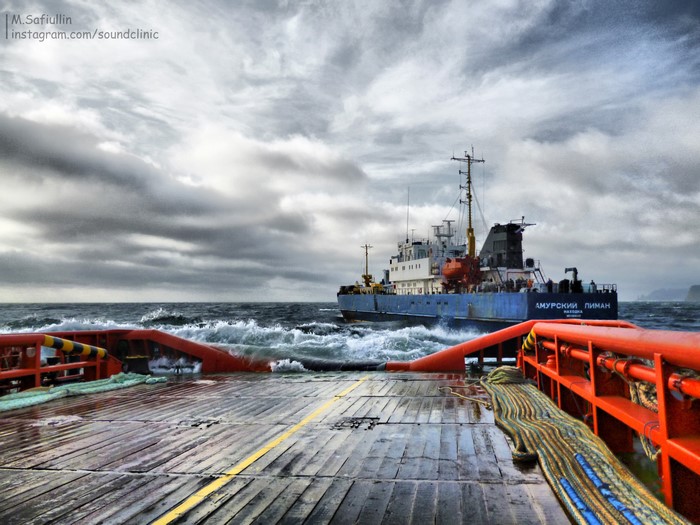 AHTS Amur Liman Deck with Ship in Rough Seas