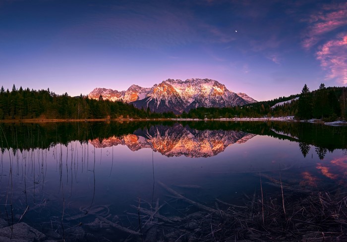 Mountain reflection in a lake at sunset, Bavaria, Germany