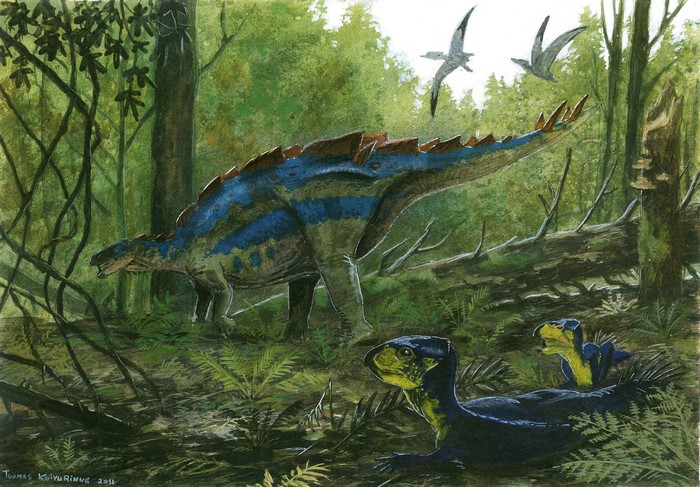 Wuerhosaurus dinosaur in a prehistoric forest with pterosaurs