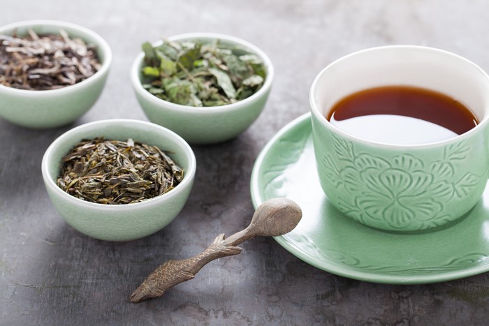 Tea leaves and cup of tea