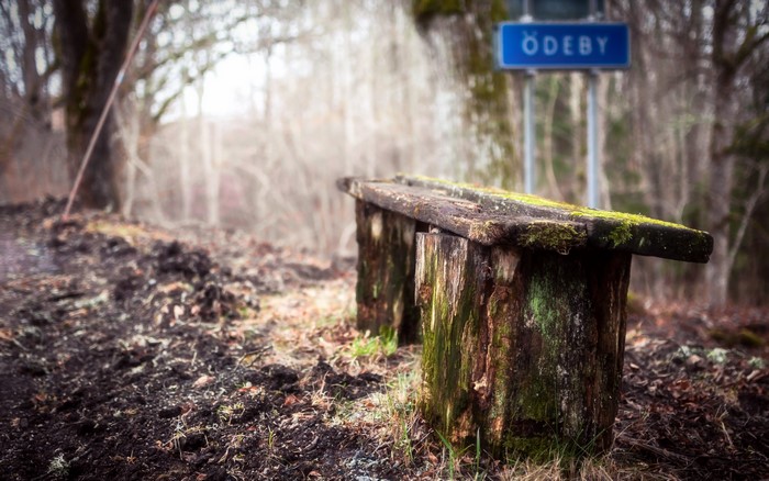 Old mossy bench near ÖDEBY sign