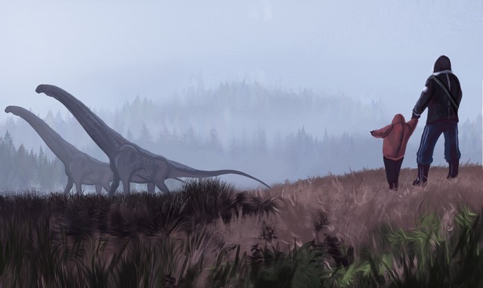 Two Brachiosaurus dinosaurs walk through a misty forest with two people observing