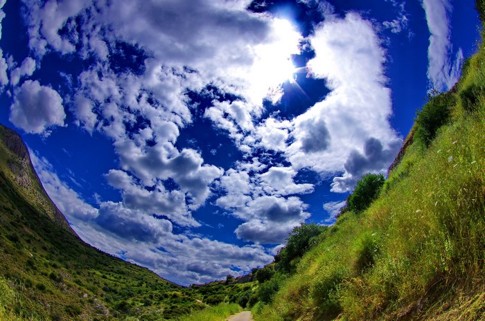 Blue Sky with Clouds Over Green Hills