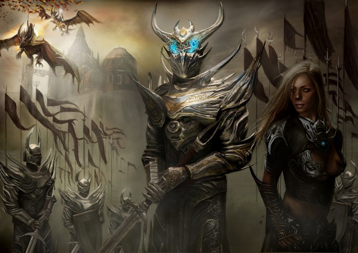 Warriors in ornate armor with dragons and banners