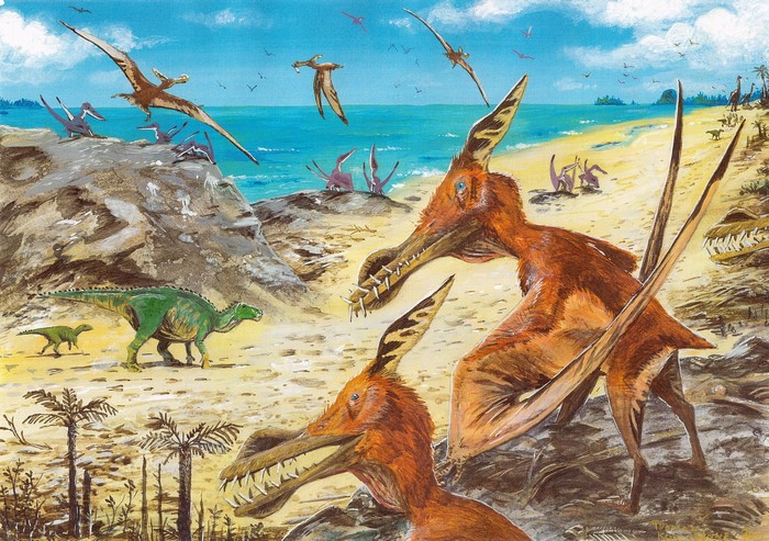 Cretaceous Pterosaurs and Dinosaurs on a Beach