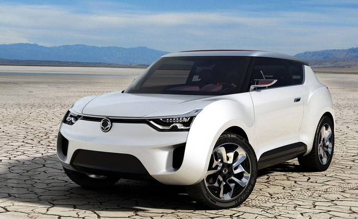 White SsangYong concept car in desert landscape
