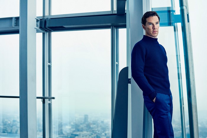 Benedict Cumberbatch in a blue turtleneck and suit