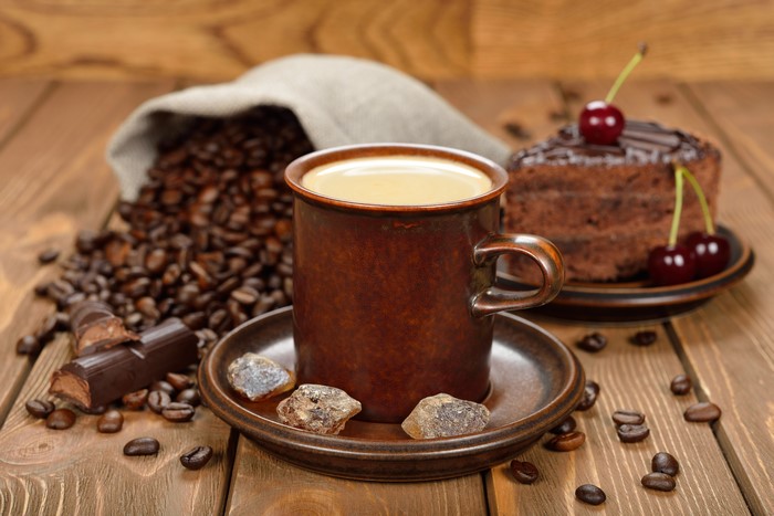 Coffee, Chocolate Cake, and Coffee Beans