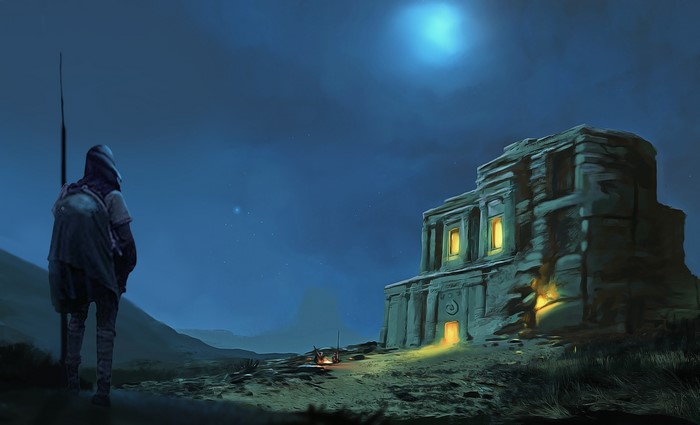 A lone warrior approaches an ancient stone structure at night