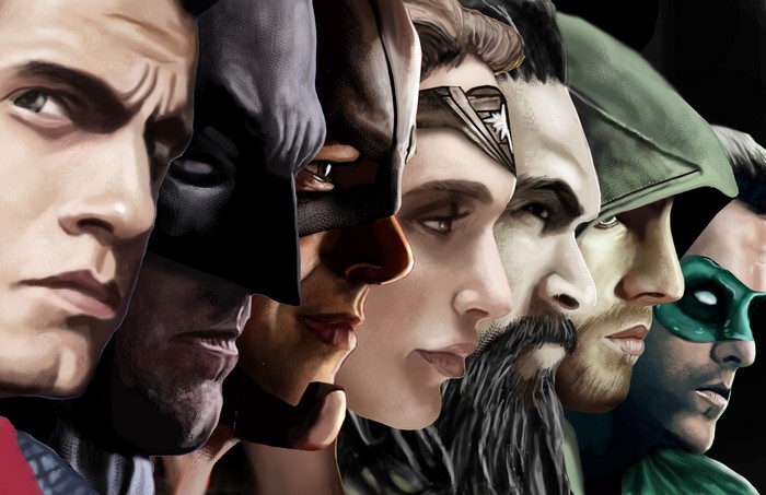 Justice League heroes: Superman, Batman, Wonder Woman, Aquaman, Green Arrow, Green Lantern