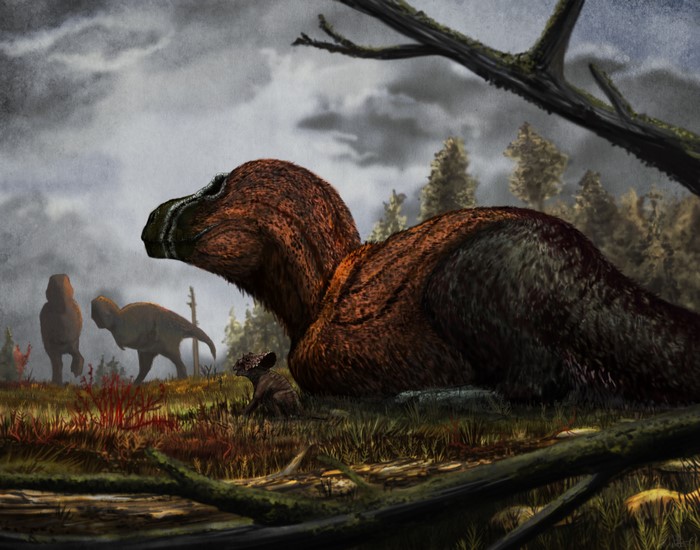 Dinosaurs in a prehistoric landscape