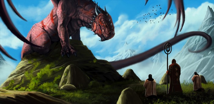 A red dragon overlooks people in a mountainous landscape