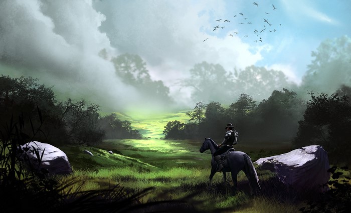 Cowboy on horseback in a misty fantasy landscape