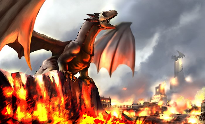 Dragon perched on fiery rocks overlooking burning city