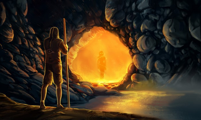 Man with staff in cave facing fire