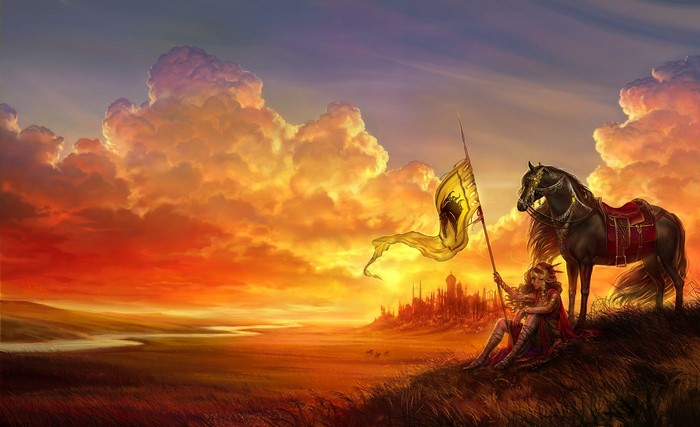 Woman with flag and horse overlooking city at sunset