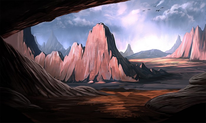 Painting of a rocky alien landscape with mountains