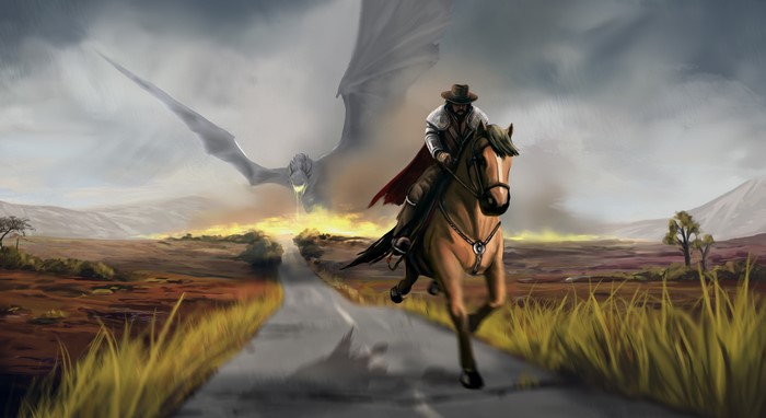 Cowboy on Horseback Pursued by Dragon