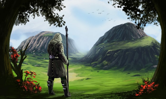 Warrior with staff in a mountain valley