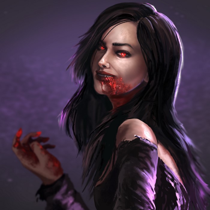 Vampire woman with blood on her face and hands