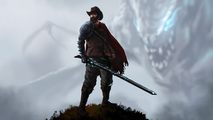 Cowboy warrior with glowing sword facing a dragon