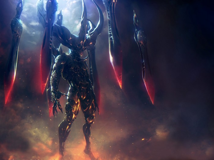 Demonic creature with swords in a fiery landscape