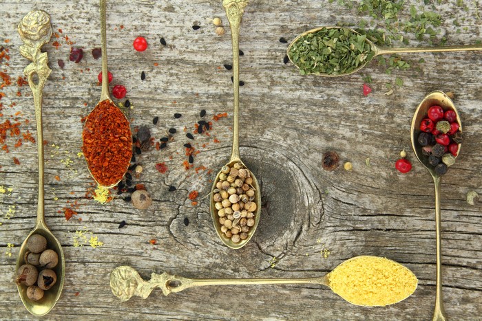 Spices in spoons on a wooden background