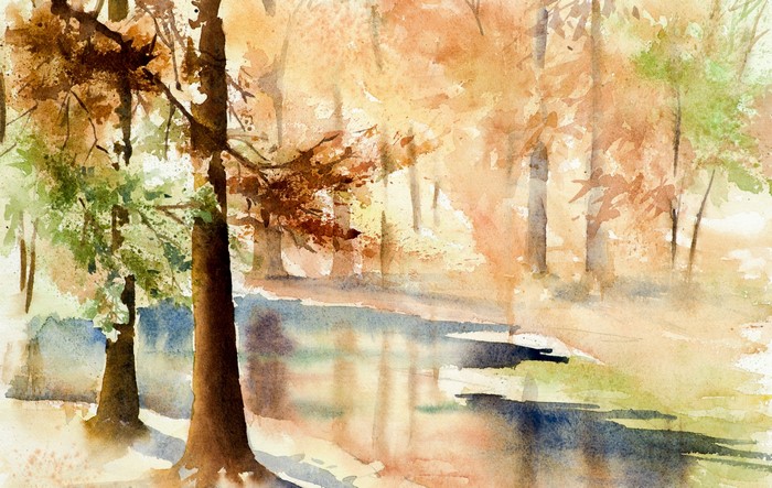 Watercolor painting of a forest with a stream