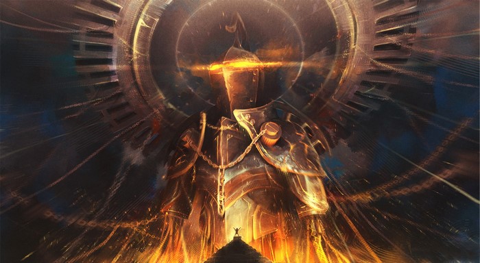 Giant knight armor with chains and fire