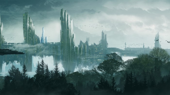 Futuristic city reflected in water with forest foreground