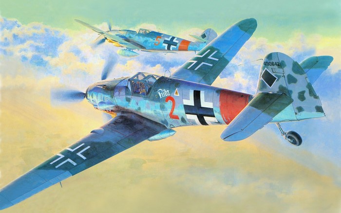 Two Messerschmitt Bf 109 aircraft in flight