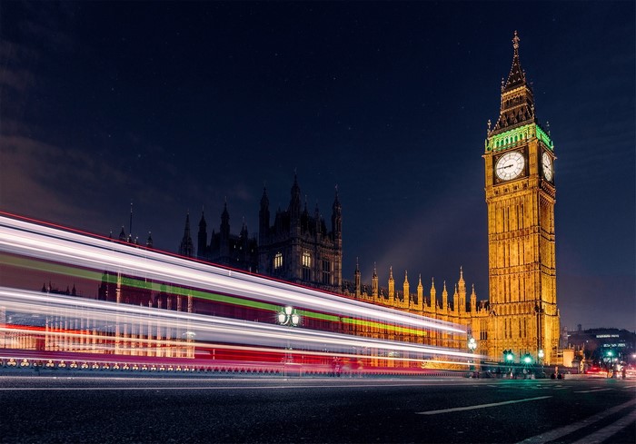 Big Ben and Houses of Parliament at Night with Light Trails