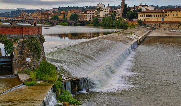 Florence Italy Arno River Waterfall and Bridges