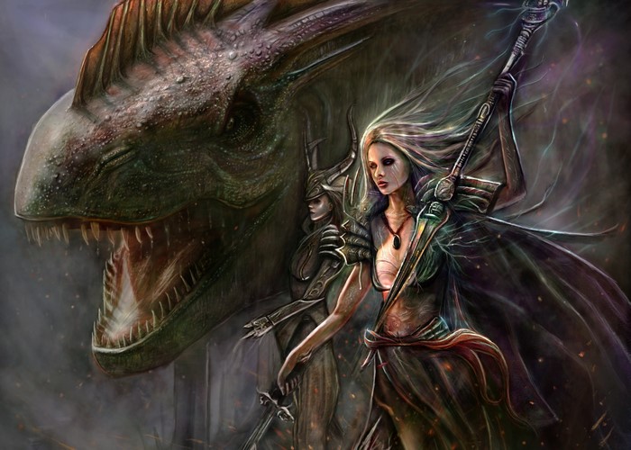 Dragon and two female warriors with spears