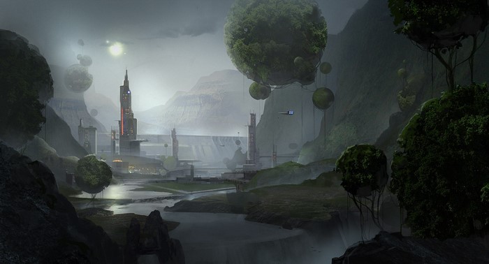 Floating islands and futuristic city in a misty valley