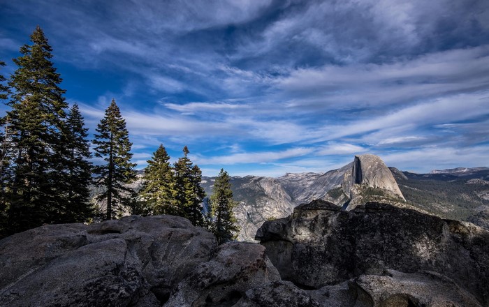 Mountains Sky Scenery Crag Trees Clouds