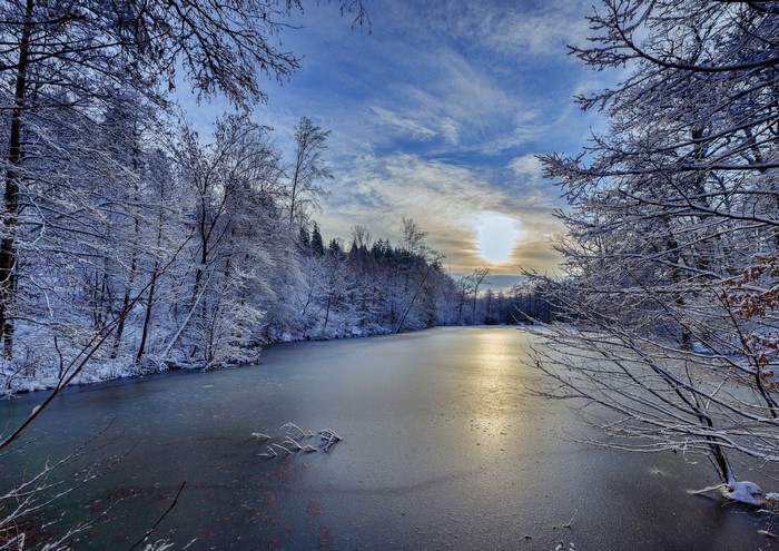 Frozen lake surrounded by snow-covered trees under a cloudy sky
