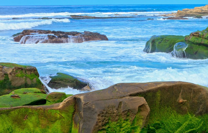 Ocean waves crashing on moss-covered rocks