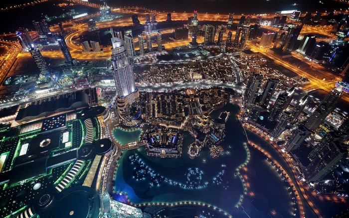 Aerial view of Dubai city skyline at night