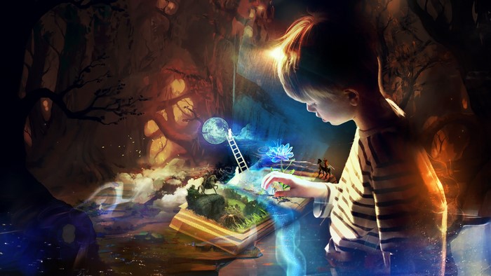 Boy reading a magical book with fantasy world