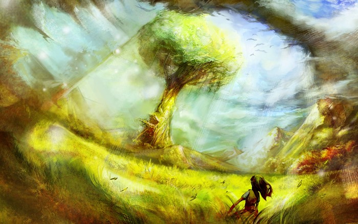 Fantasy landscape with a large tree and a girl