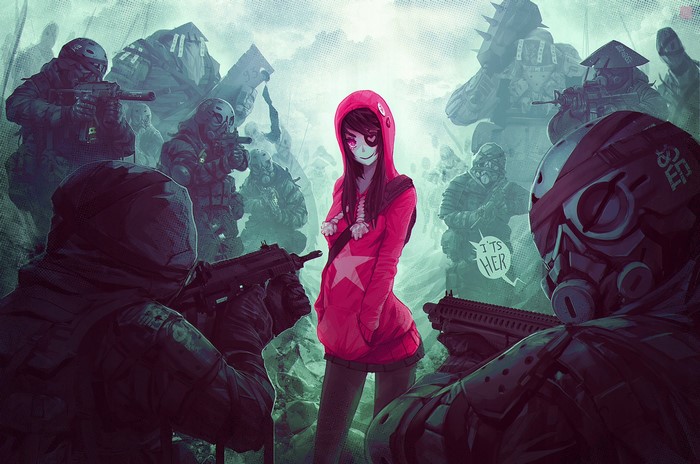 Girl in pink hoodie surrounded by soldiers