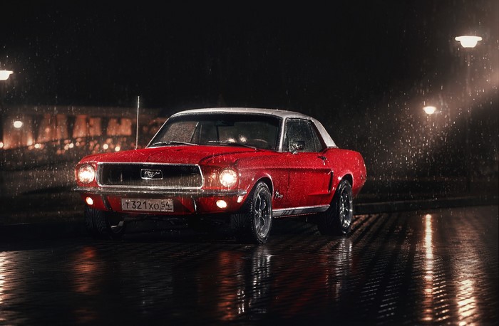 Red 1967 Ford Mustang in Rainy Night